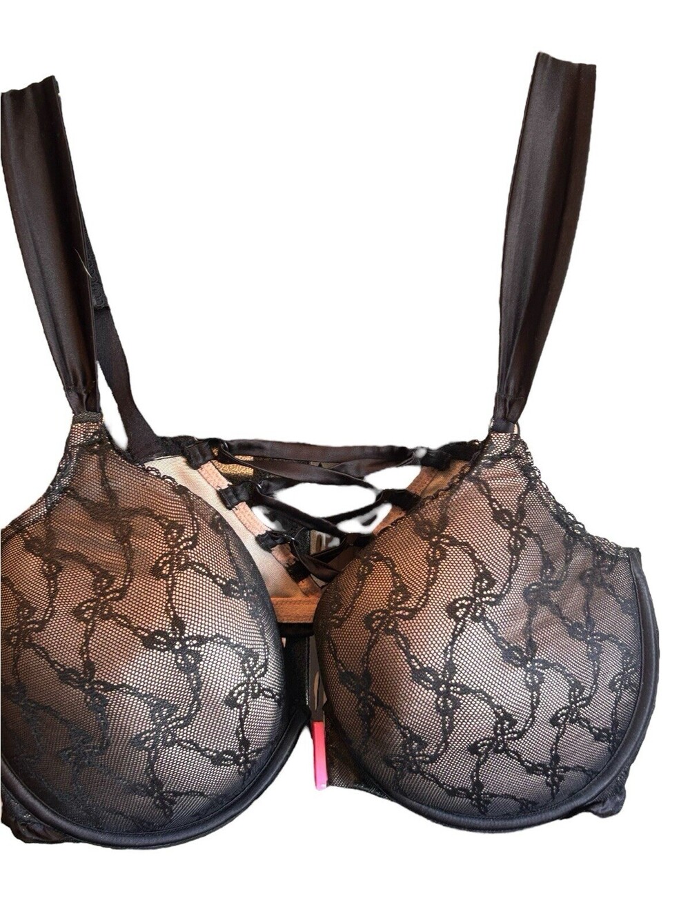 Torrid 38DD Betsy Johnson Black Lace Bra Padded Cups Front Closure Lace-up Back
